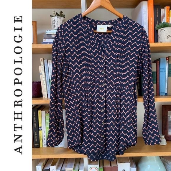 MAEVE Anthropologie Navy Polka Dot Button Down - Picture 1 of 6